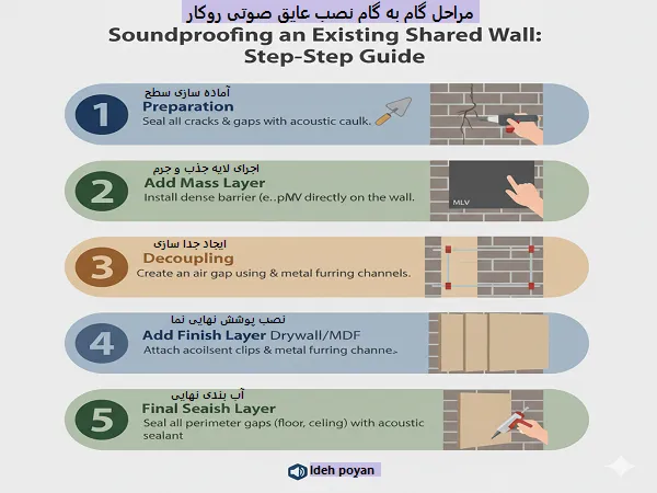 جدول مراحل گام به گام نصب عایق صوتی روکار