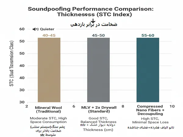 نمودار مقایسه ضخامت در برابر بازدهی انواع عایق های صوتی 