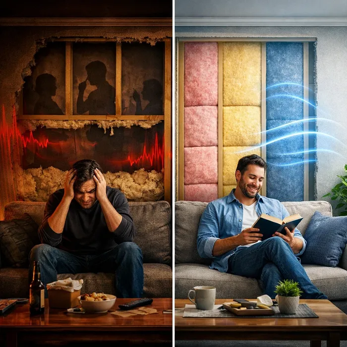 عکس مقایسه عایق صوتی ارزان با عایق صوتی با کیفیت دیوار مشترک