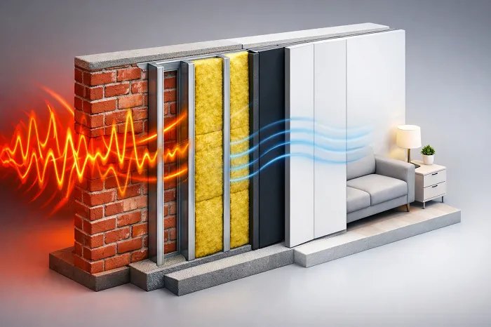 عکس لایه بندی عایق صوتی دیوار مشترک روکار آپارتمان مسکونی