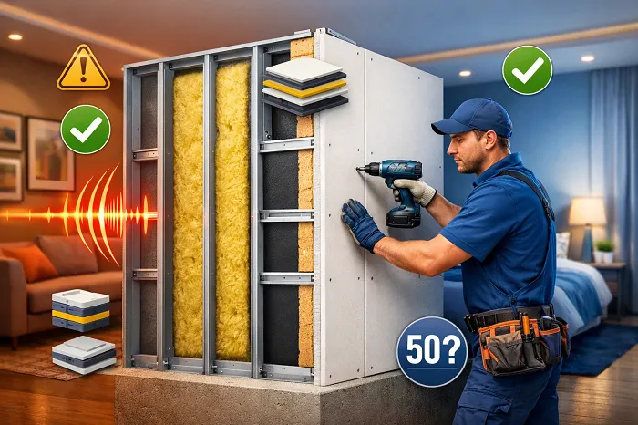 عکس اینفوگرافی نصب عایق صوتی دیوار مشترک روکار